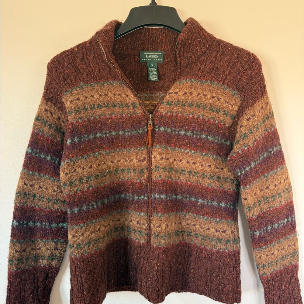 Vintage Ralph Lauren Women's reddish Brown and Tan Striped Sweater
